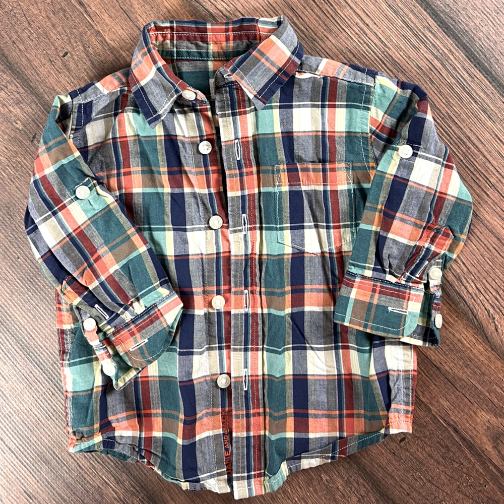 Janie and Jack 6-12 month boys button up shirt, blue and orange plaid